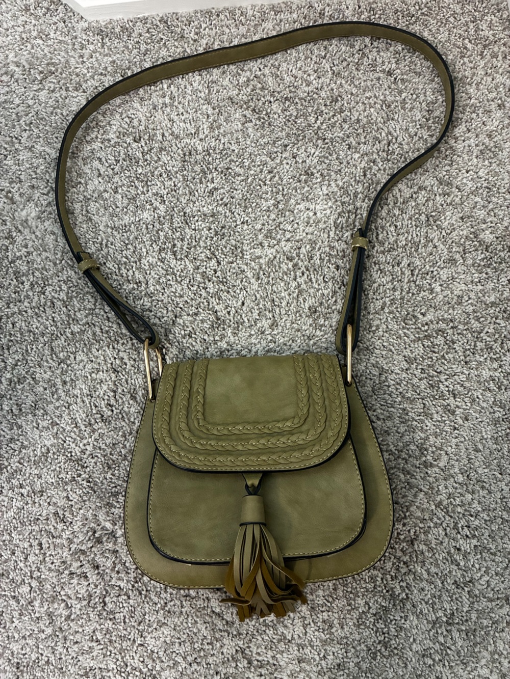 Braided Flap Olive Crossbody Bag with Tassel Accent